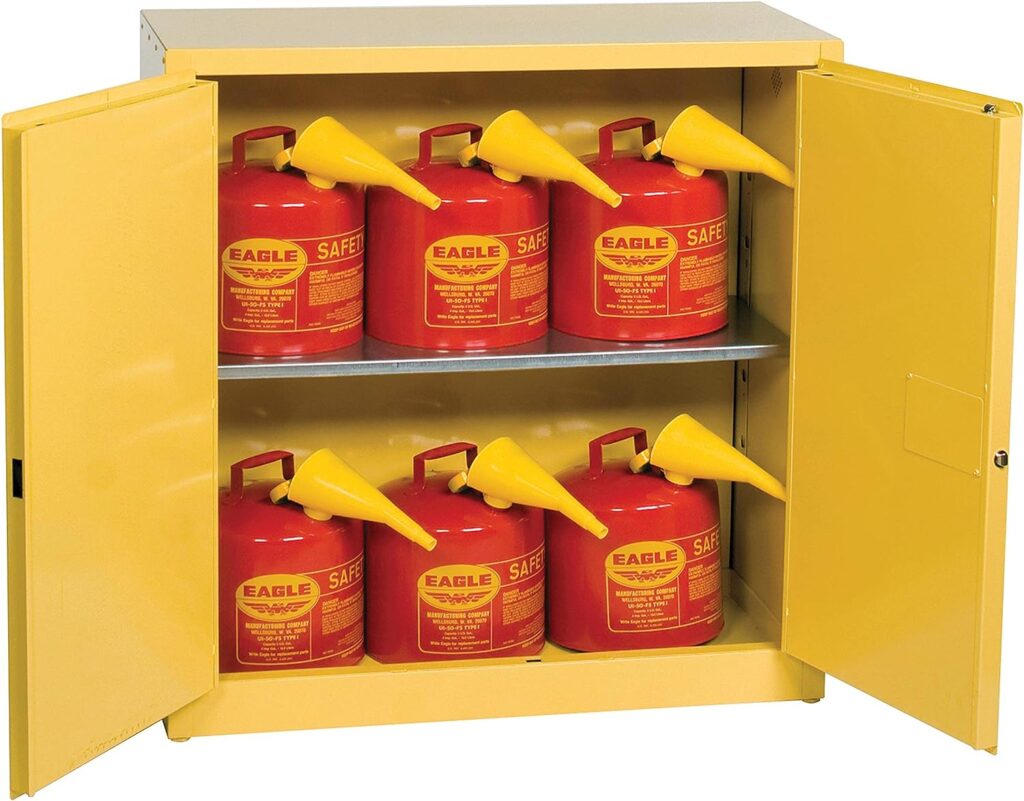 Eagle 30 Gallon Steel Flammable Liquid Storage Cabinet, 1 Shelf, 2 Manual Closing Doors for Gasoline Storage, Yellow, 1932X