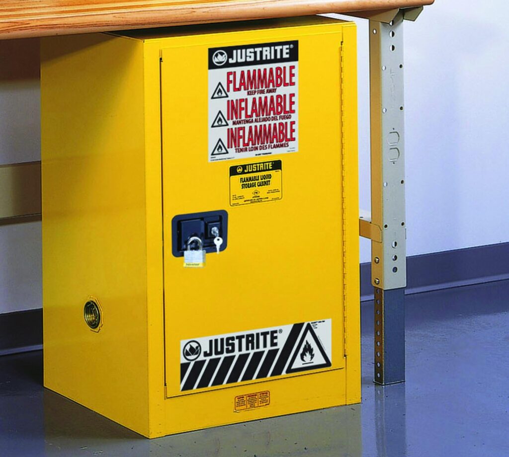 Justrite 891220 Sure-Grip EX 12 Gallon, 35 H x 23-1/4 W x 18 D, 1 Door, 1 Shelf , Self-Close Yellow Compact Flammable Storage Cabinet