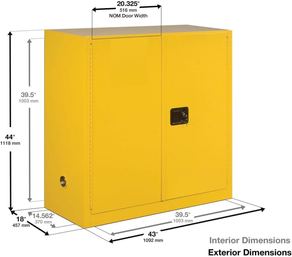 Justrite 893020 Sure-Grip EX Flammable Safety Cabinet, 2 Door, Self Closing, Dimensions (H x W x D): 44 x 43 x 18 inch (1118 x 1092 x 457 mm); 30 gal. (114L) Yellow