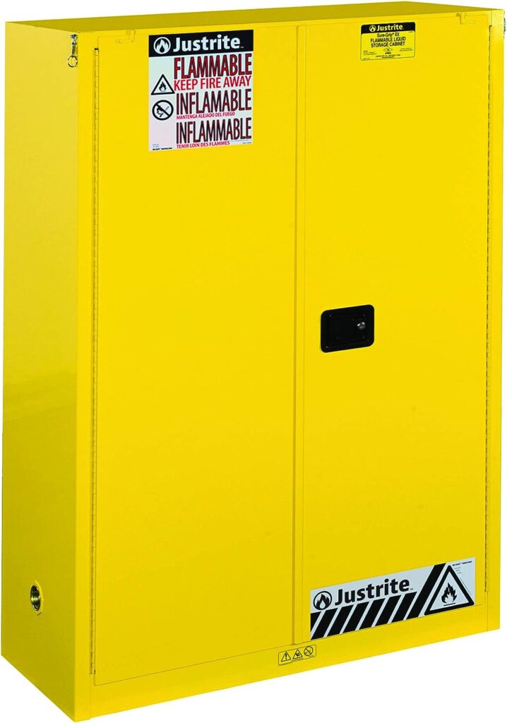 Justrite 894520 Sure-Grip EX Flammable Safety Cabinet, 2 Door, Self Closing, Dimensions (H x W x D): 44 x 43 x 18 inch (1651 x 1092 x 457 mm); 45 gal. (170L) Yellow