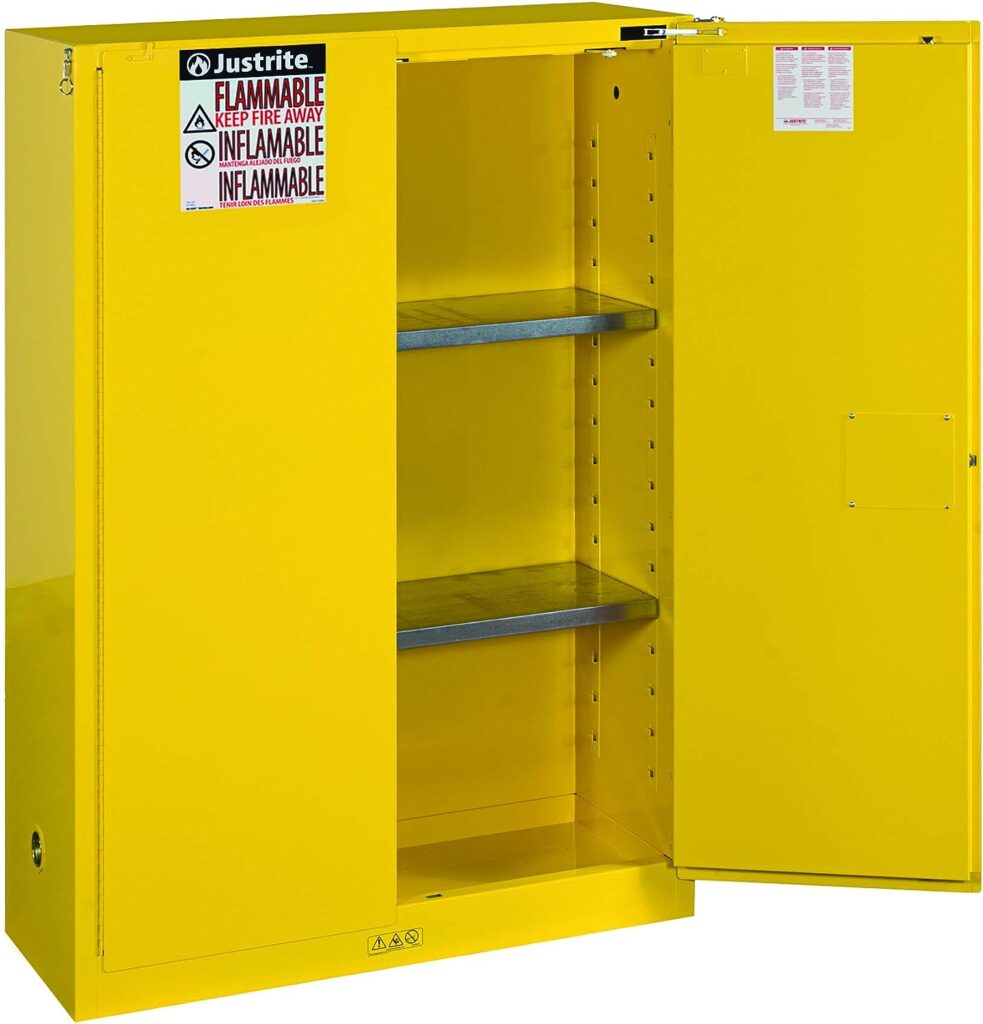 Justrite 894520 Sure-Grip EX Flammable Safety Cabinet, 2 Door, Self Closing, Dimensions (H x W x D): 44 x 43 x 18 inch (1651 x 1092 x 457 mm); 45 gal. (170L) Yellow