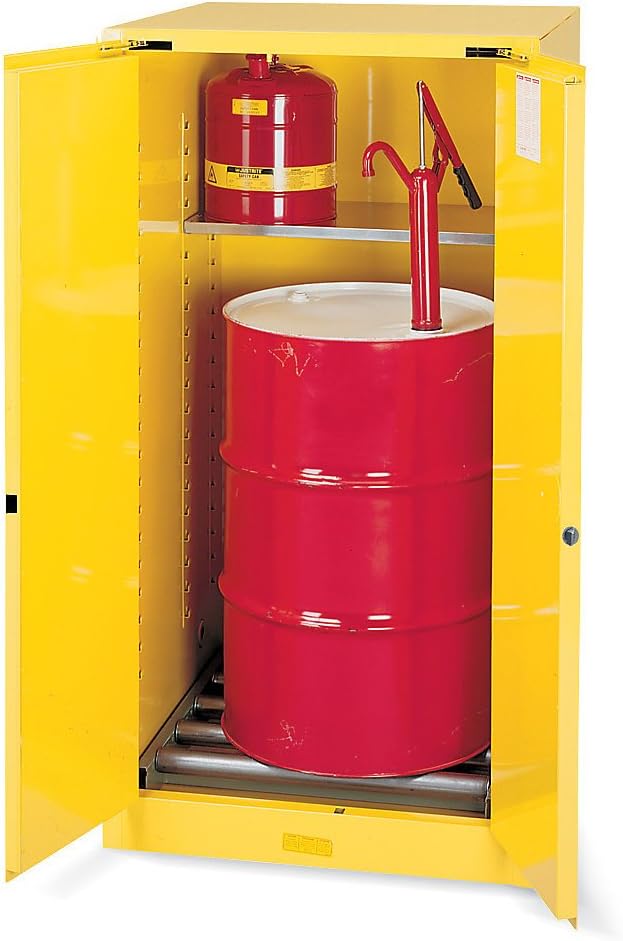 justrite 896270 sure grip ex steel 2 door self close vertical drum flammables storage cabinet with drum rollers