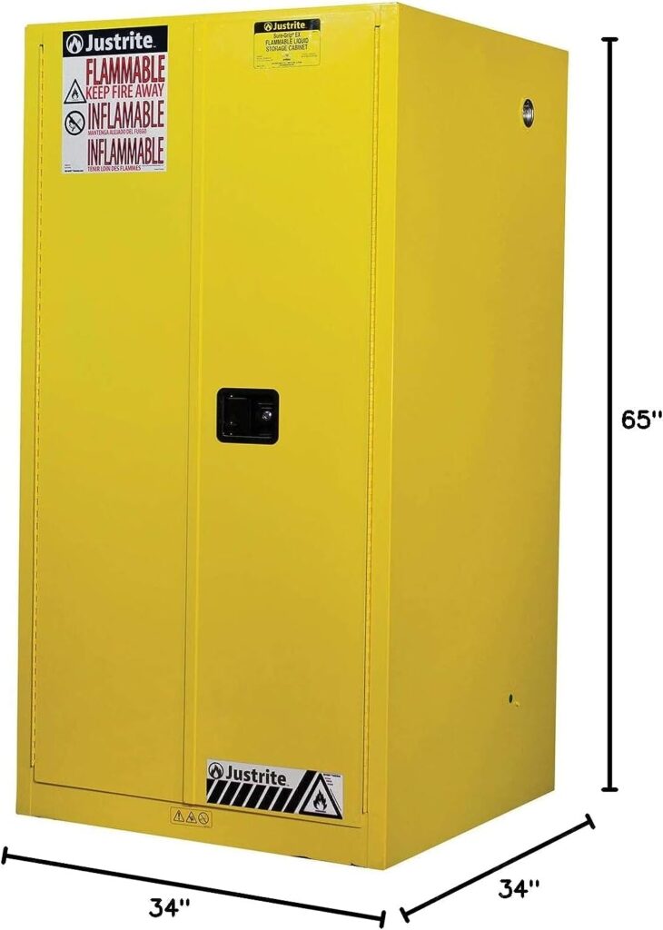 Justrite Sure-Grip EX Flammable Liquid Storage Cabinet, 60 Gallon Reinforced Steel Fire Cabinet for Gasoline Storage, 2 Manual Close Doors, 65 x 34 x 34, Yellow, 896000