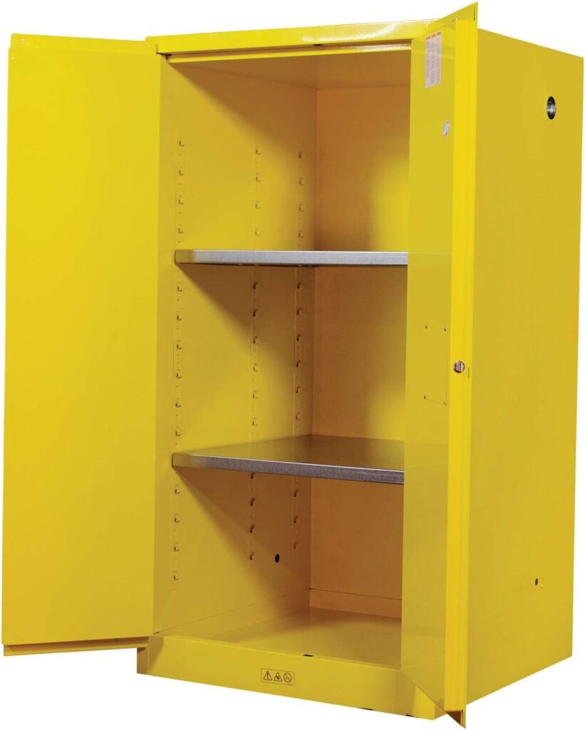 Justrite Sure-Grip EX Flammable Liquid Storage Cabinet, 60 Gallon Reinforced Steel Fire Cabinet for Gasoline Storage, 2 Manual Close Doors, 65 x 34 x 34, Yellow, 896000
