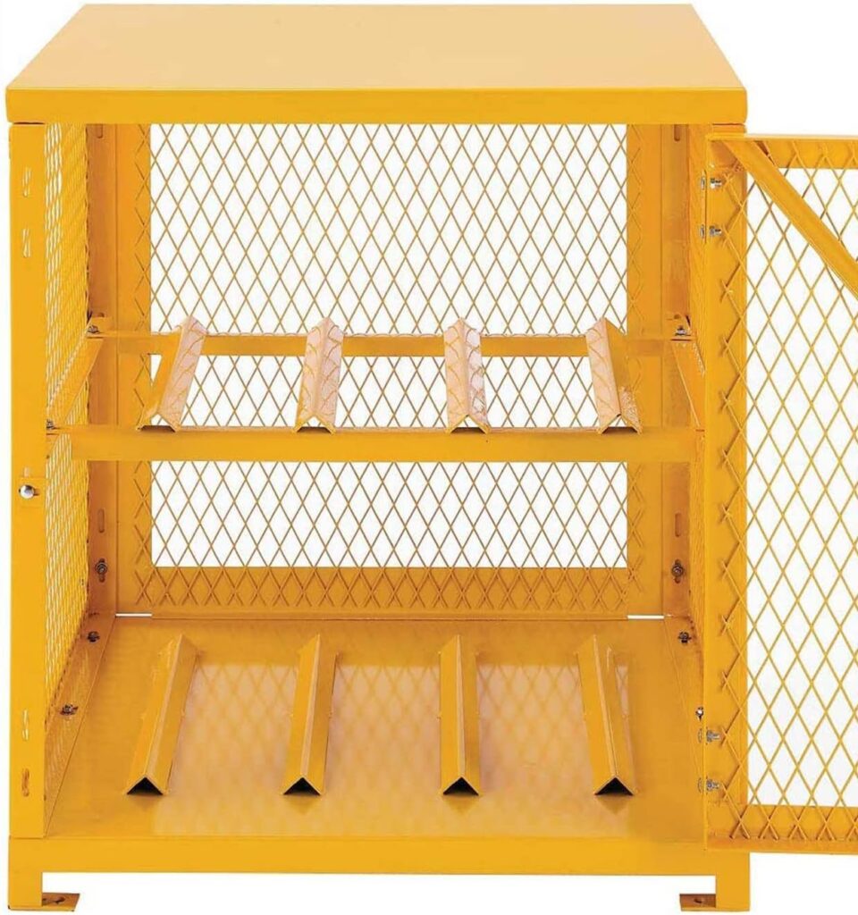 koxuyim Single Door Horizontal Cylinder Storage Cabinet, Yellow Powder Coat Finish, 4 Cylinder Capacity 1-1/2” x 1/8” Angle Iron Frame.