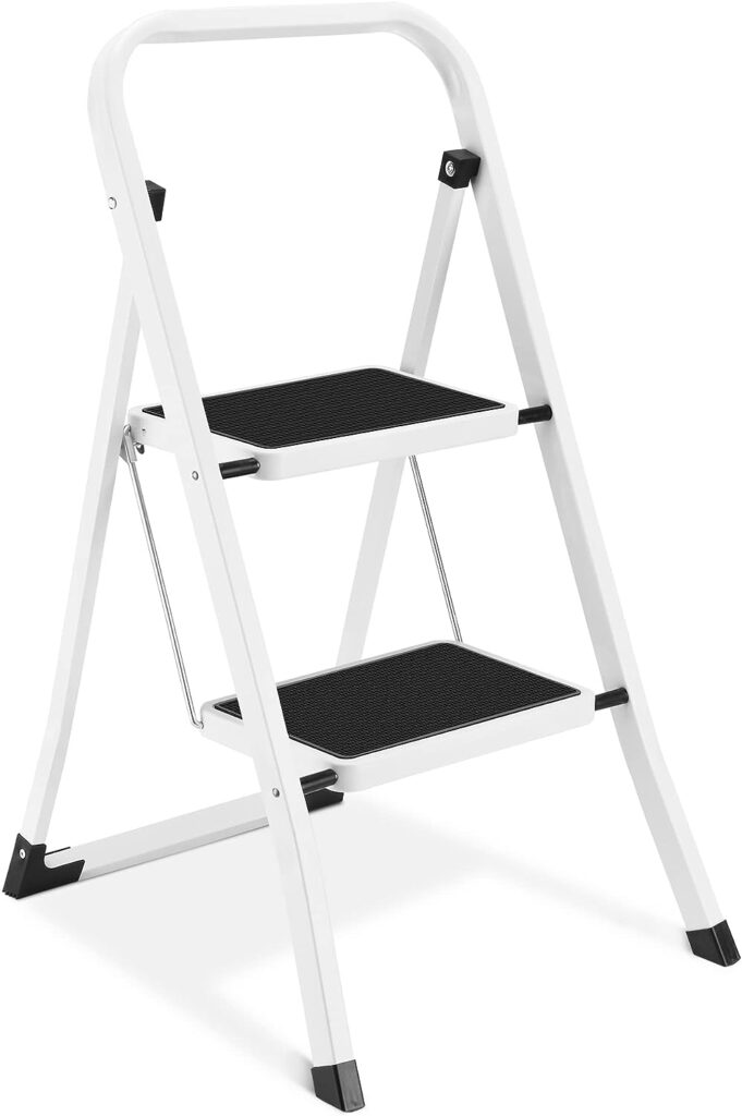 2 Step Ladder, Lightweight Folding Step Stools for Adults with Anti-Slip Pedal, Portable Sturdy Steel Ladder with Handrails, Perfect for Kitchen  Household, 330 lbs Capacity, White
