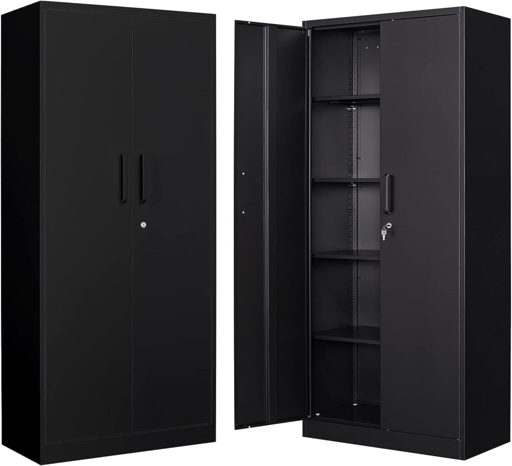 BYNSOE Metal Storage Cabinet Metal Garage Locker Cabinets with Locking Door and 4 Adjustable Shelves, Steel Classic Storage Cabinet for Home, School, Office, Garage (Black-Style 2)