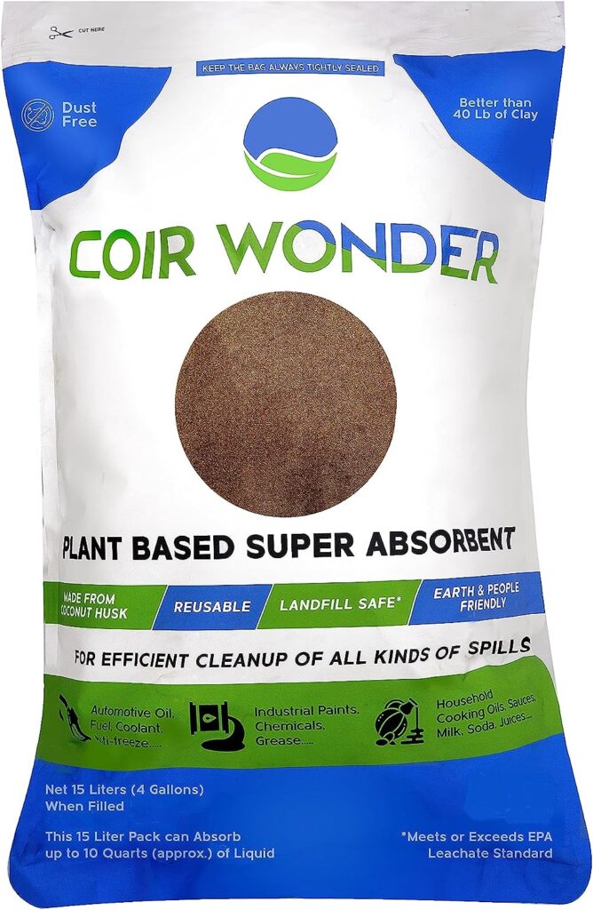 Coir Wonder 3-in-1 Oil Absorbent, Paint Hardener  Sweeping Compound – 15 Liter (15.9 Quarts) – for Oil, Biohazard, Body Fluid Spill Kit – Coco Husk Granules – Absorbing More Than Clay Litter  Mats