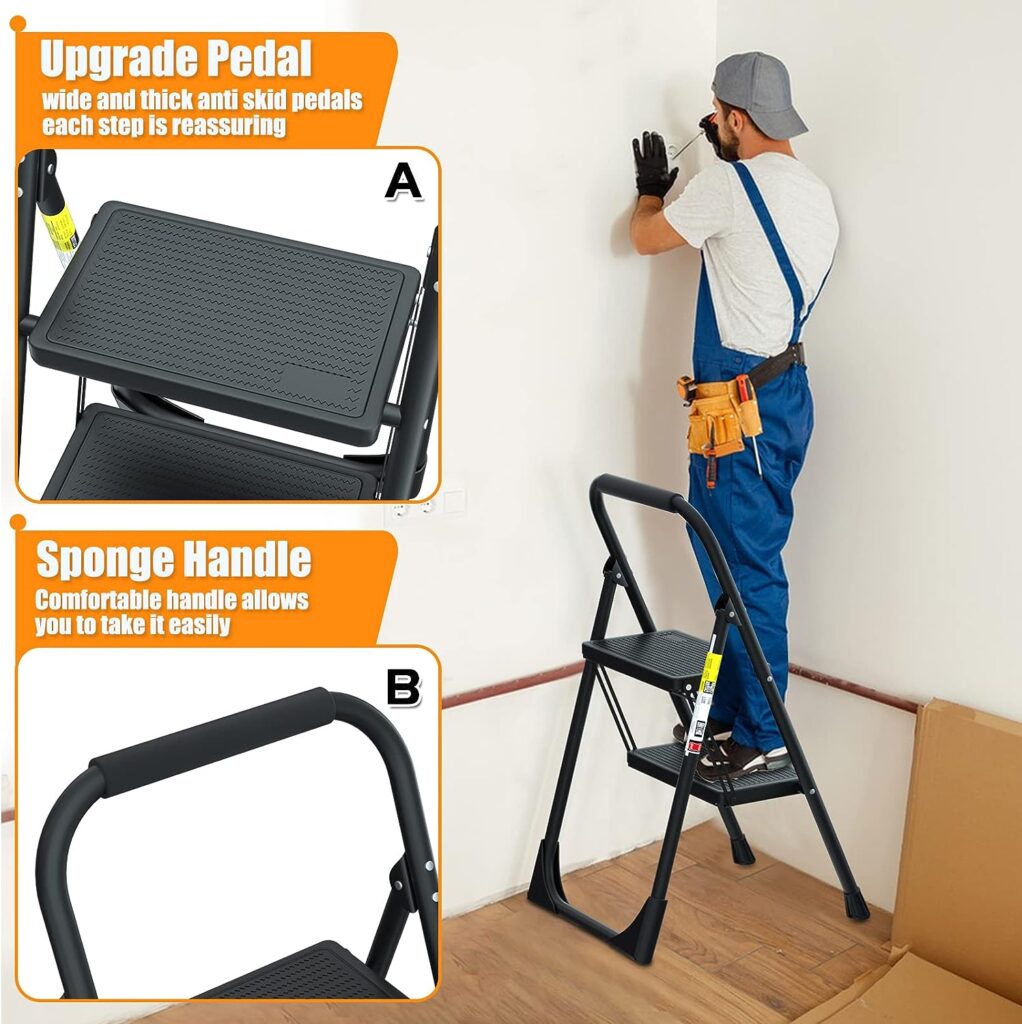 Step Ladder BAVIKUNP 2 Step Ladder Folding 2 Step Stools for Adults with Anti-Slip Pedal, Portable Sturdy Steel Ladder with Handrails, Perfect for Kitchen Household, 500 lbs Capacity, Matte Black