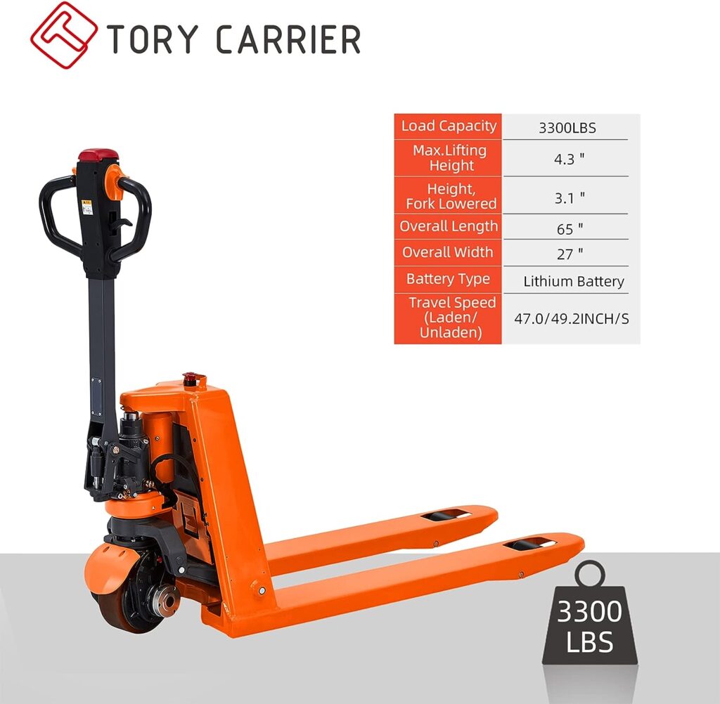 Tory Carrier Classic Electric Power Lithium Battery Pallet Jack/Pallet Truck 3300lb Capacity 48 x27 Fork Length Used in Indoor Storage and Handling-Orange Style EPJ3300