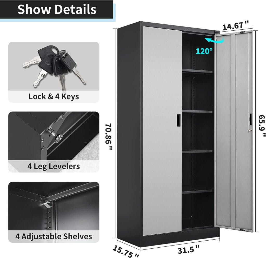Wanfu Metal Storage Cabinet with Locking Doors and Adjustable Shelves, 71” Tall Steel Storage Cabinets for Garage, Home Office, Pantry (BlackSilver Doors)