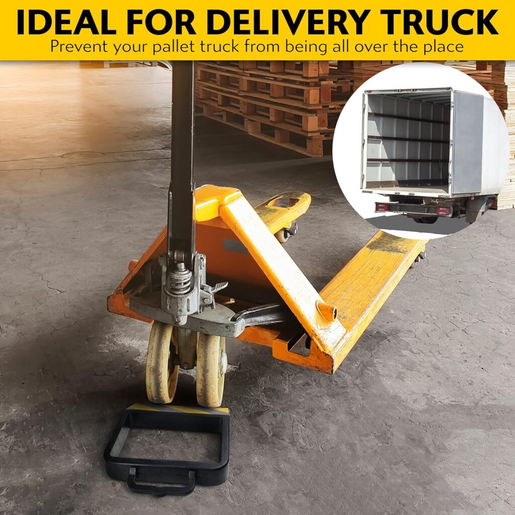IDSWorld Jack Pallet Truck Stop Wheel Chock Heavy Duty Rubber Stopper for Safe Warehouse Moving Cargo Delivery Trucks Anti-Skid Warning Tape with Rachet 10.5ft Tiedowns Strap