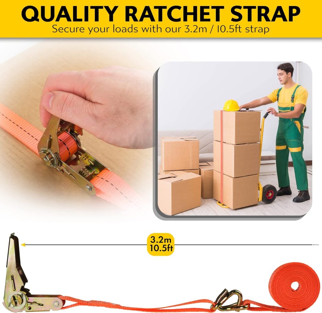 IDSWorld Jack Pallet Truck Stop Wheel Chock Heavy Duty Rubber Stopper for Safe Warehouse Moving Cargo Delivery Trucks Anti-Skid Warning Tape with Rachet 10.5ft Tiedowns Strap