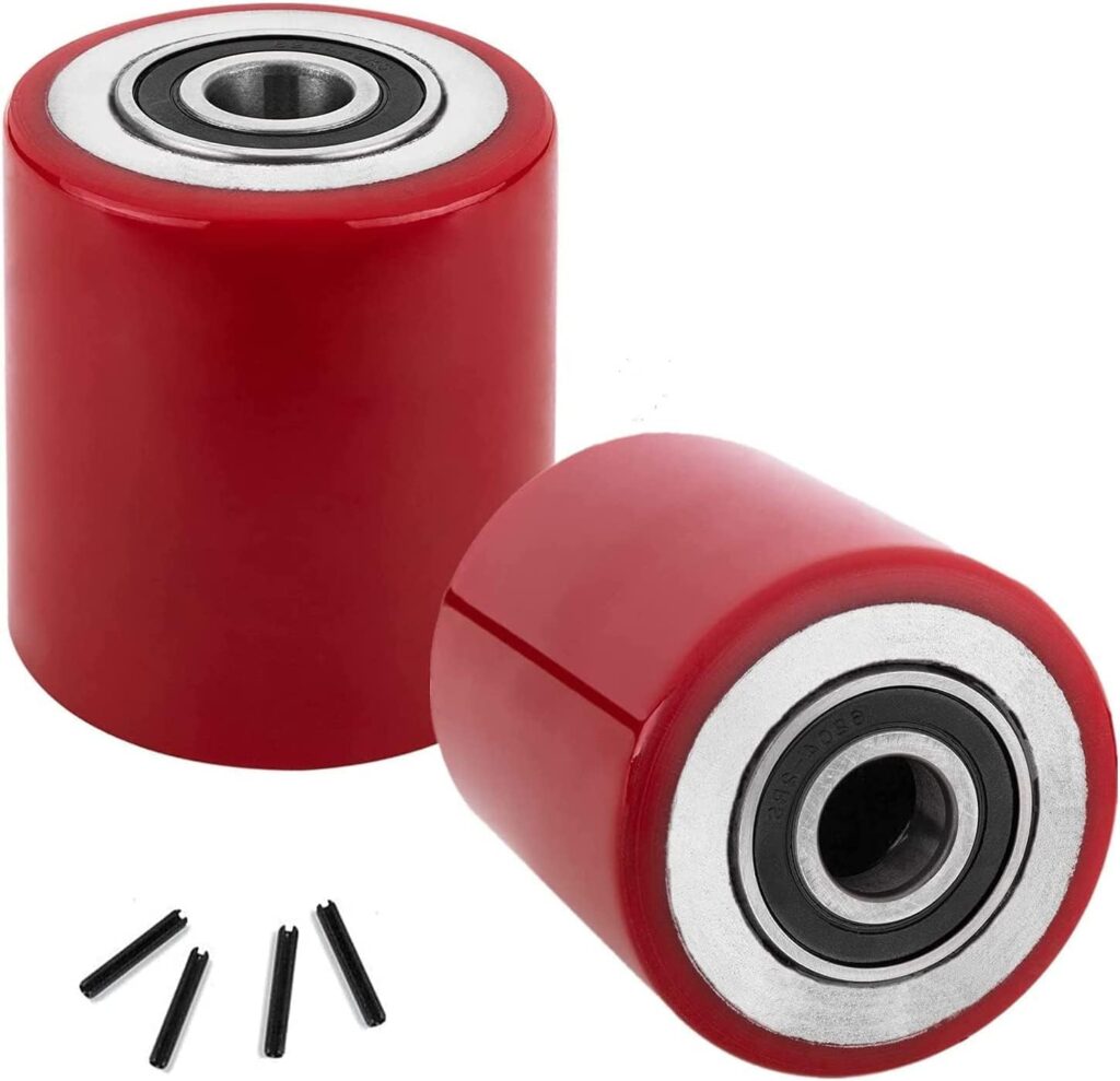 Legines Pallet Jack Poly Load Wheels 3 x 3.75 with Bearings ID 20mm Poly Tread Red - A Pair (Red)