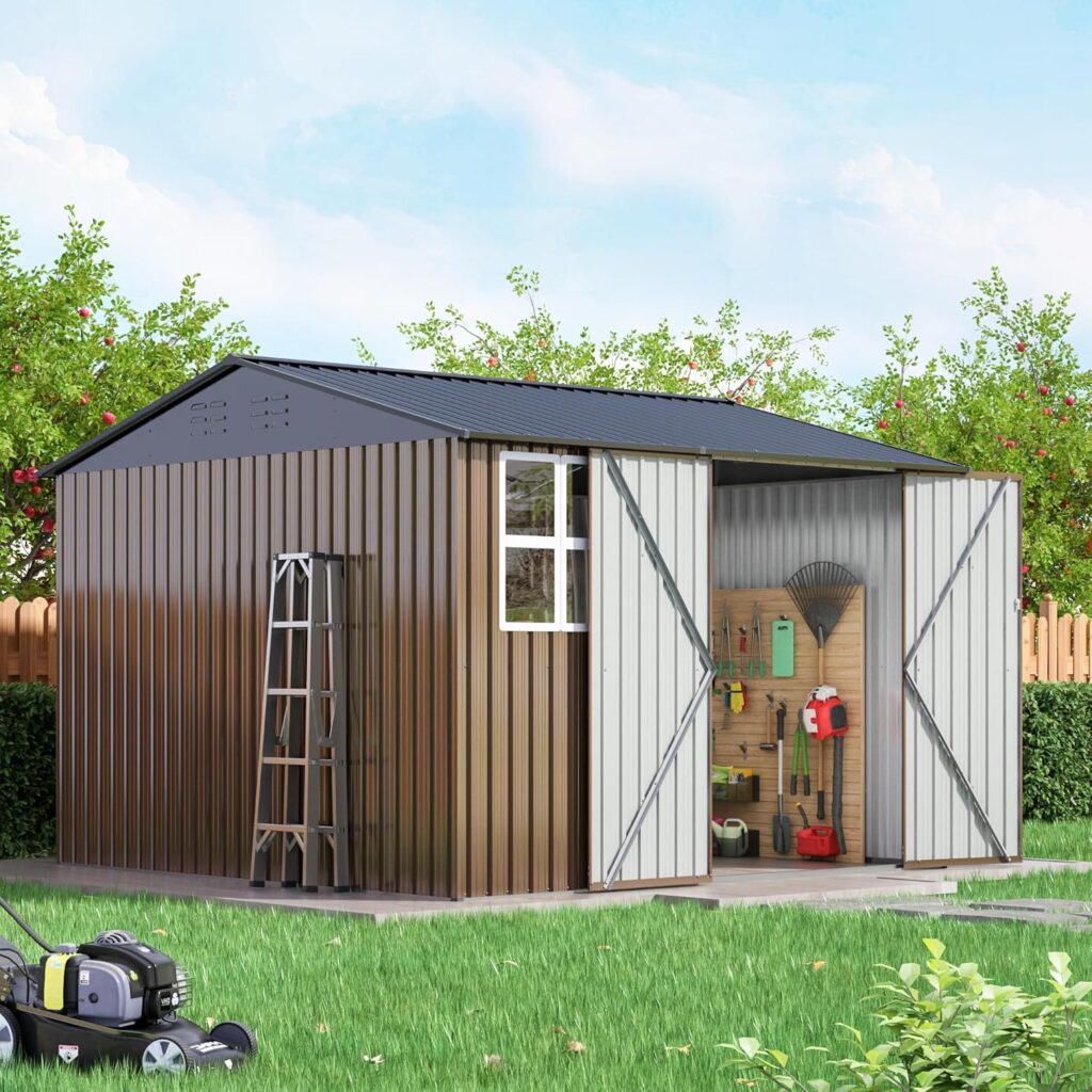 10 x 10 FT Outdoor Storage Shed, Large Metal Garden Shed with Updated Frame Structure Windows and Lockable Doors, Tool Sheds for Backyard Garden Patio Lawn, Brown