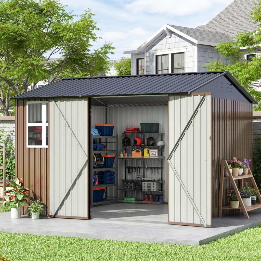 10 x 10 FT Outdoor Storage Shed, Large Metal Garden Shed with Updated Frame Structure Windows and Lockable Doors, Tool Sheds for Backyard Garden Patio Lawn, Brown