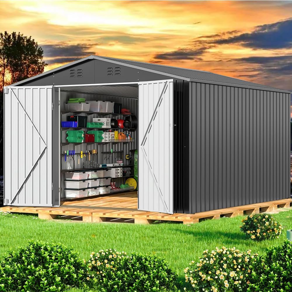 10ftx12ft Large Shed,Outdoor Storage Sheds,Metal Garden Sheds with Lockable Door,Waterproof Garden Shed Utility Tool Storage Room for Backyard Patio Lawn-Grey