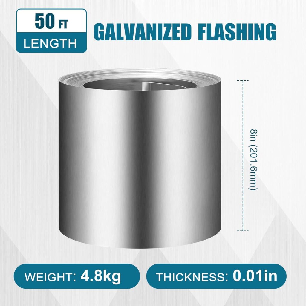 50ft Long x 8 Inch Width x 0.01 in Thick, Galvanized Roll Waterproofing Roof Flashing for DIY Garden Prevention of Roof Stains Home Panel Measurements General Purpose