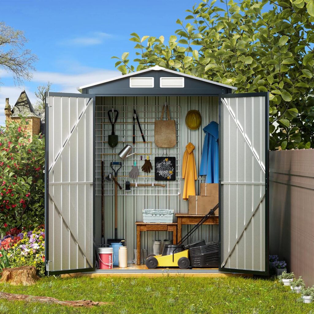 5x3X6.3FT Vertical Outdoor Steel Storage Shed with Double Lockable Doors and Frame Floor (No Wood/Other Boards), Compact Bike Shed for Garden, Backyard, Pool, Patio Utility, Tool Storage