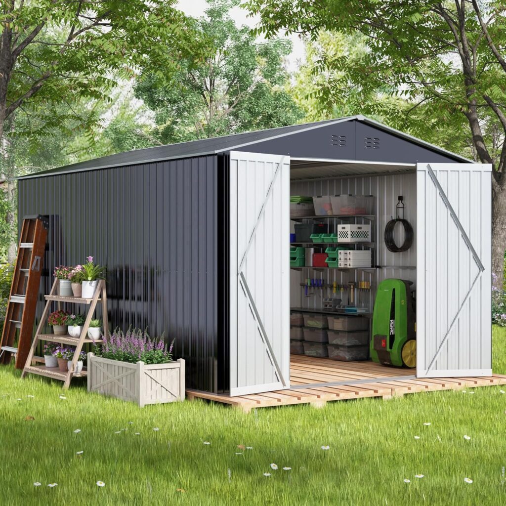 8x12 FT Outdoor Storage Shed, Large Metal Tool Sheds with Updated Frame Structure and Lockable Doors, Garden Shed for Backyard Garden Patio Lawn Grey