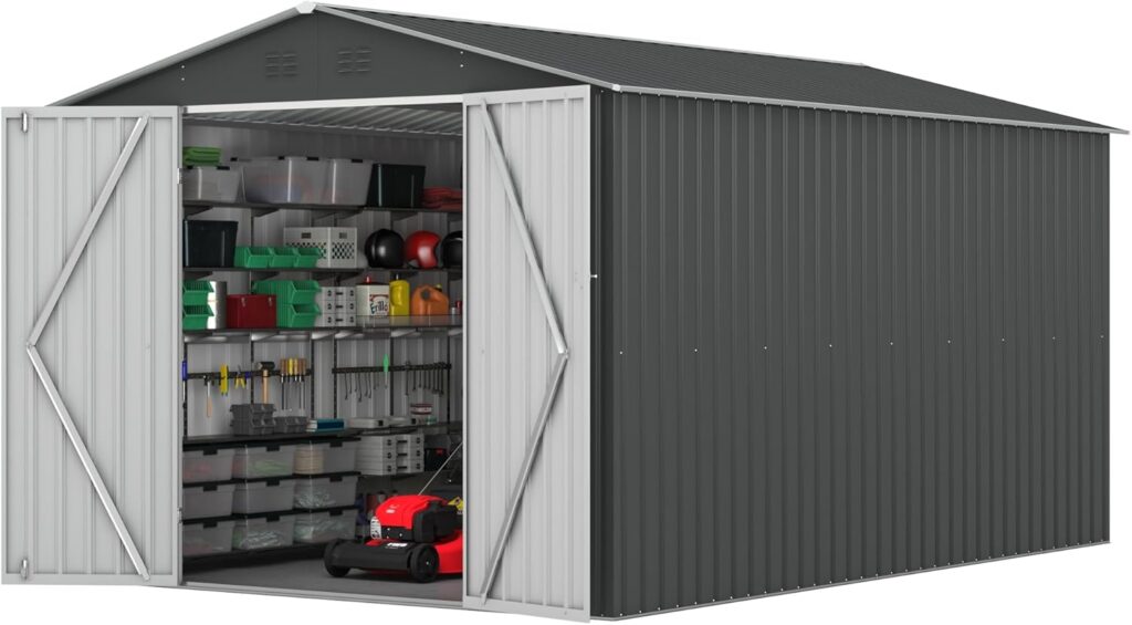 8x12 FT Outdoor Storage Shed, Large Metal Tool Sheds with Updated Frame Structure and Lockable Doors, Garden Shed for Backyard Garden Patio Lawn Grey