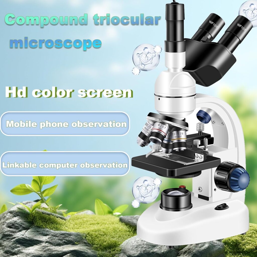 Adult Trinocular Microscope WF10x and WF25x Eyepieces 40X-5000X Magnification, Digital Lab Trinocular Compound LED Microscope (Trinocular Microscope with Electronic Eyepieces)