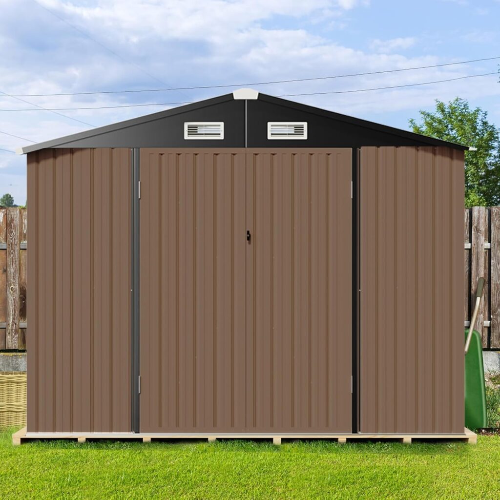 Aoxun 7.6’x9.7’ Outdoor Storage Shed with Base, Metal Steel Utility Tool Shed Storage House with Door  Lock, for Backyard Garden Patio Lawn, Brown with Floor