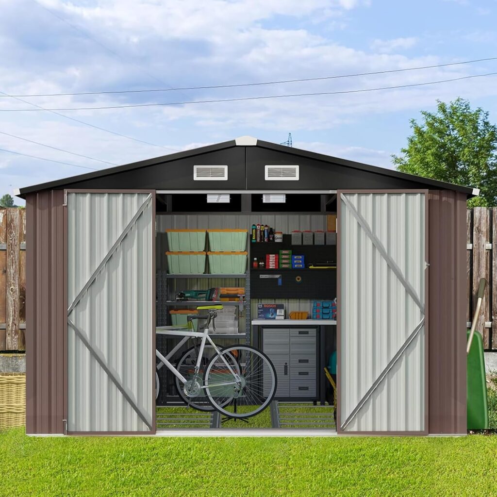 Aoxun 7.6’x9.7’ Outdoor Storage Shed with Base, Metal Steel Utility Tool Shed Storage House with Door  Lock, for Backyard Garden Patio Lawn, Brown with Floor