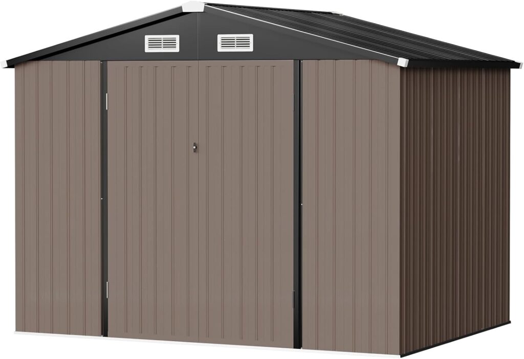 Aoxun 7.6’x9.7’ Outdoor Storage Shed with Base, Metal Steel Utility Tool Shed Storage House with Door  Lock, for Backyard Garden Patio Lawn, Brown with Floor