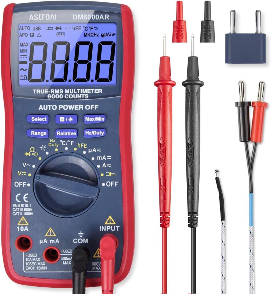 AstroAI Digital Multimeter and Analyzer TRMS 6000 Counts Volt Meter Ohmmeter Auto-Ranging Tester; Accurately Measures Voltage Current Resistance Diodes Continuity Duty-Cycle Capacitance Temperature