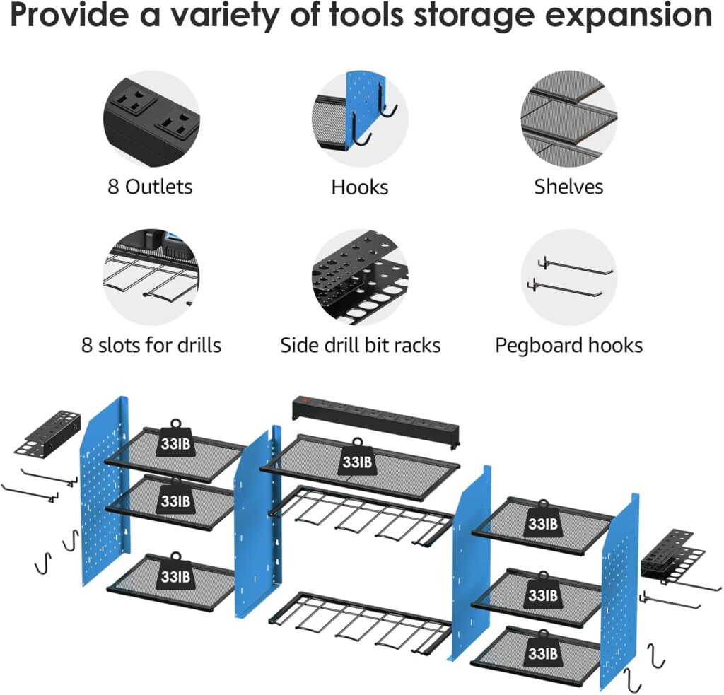 CCCEI Black Large Tools Organizer Wall Mount Charging Station, 39 Inch Long Power Tool Battery Storage Rack with 6FT Power Strip. 8 Drill Holder, Garage Utility Shelves. Pegboard Hanging Extension.