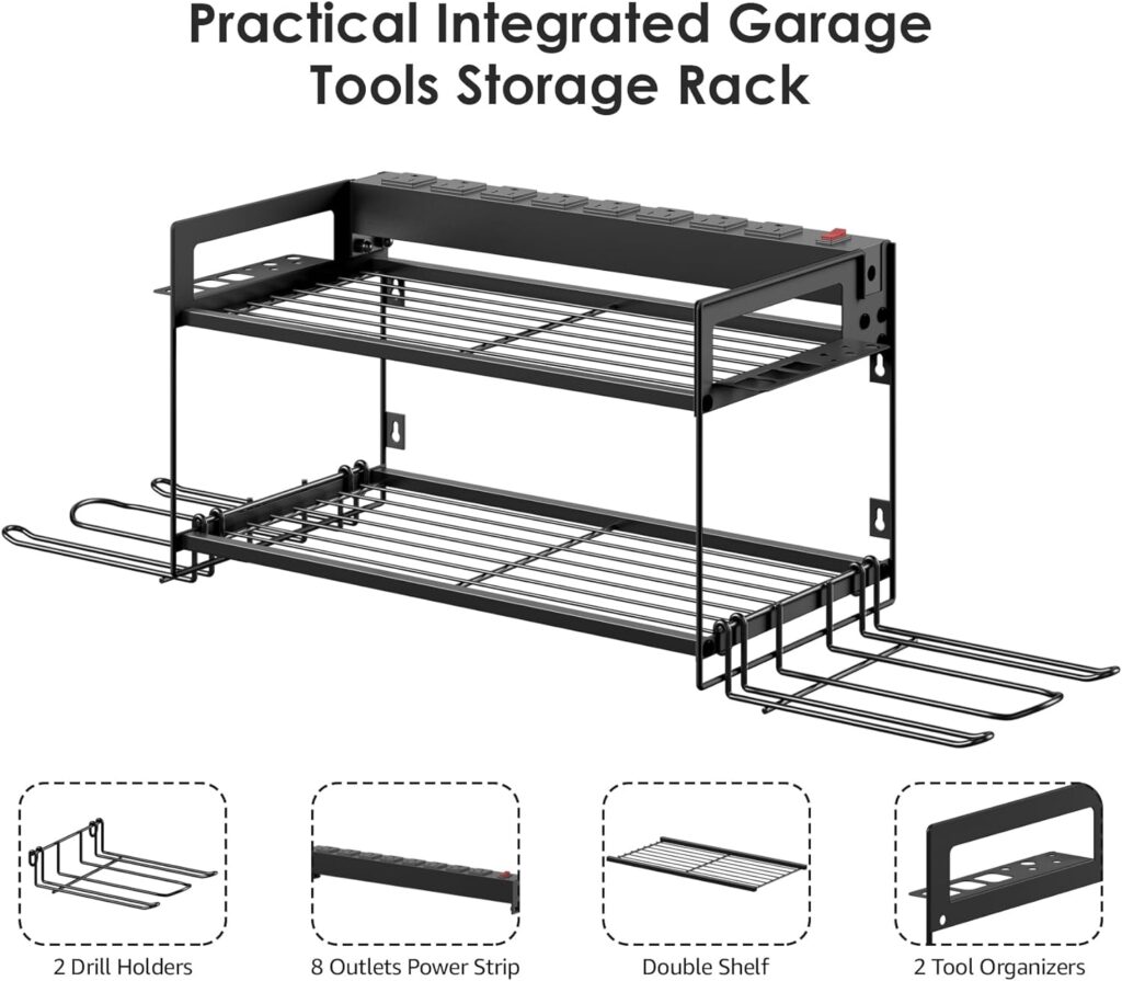 CCCEI Garage Tools Storage with Charging Station. Power Tool Battery Organizer Utility Shelf with Power Strip. 4 Drills Holder Wall Mount Rack, Black.