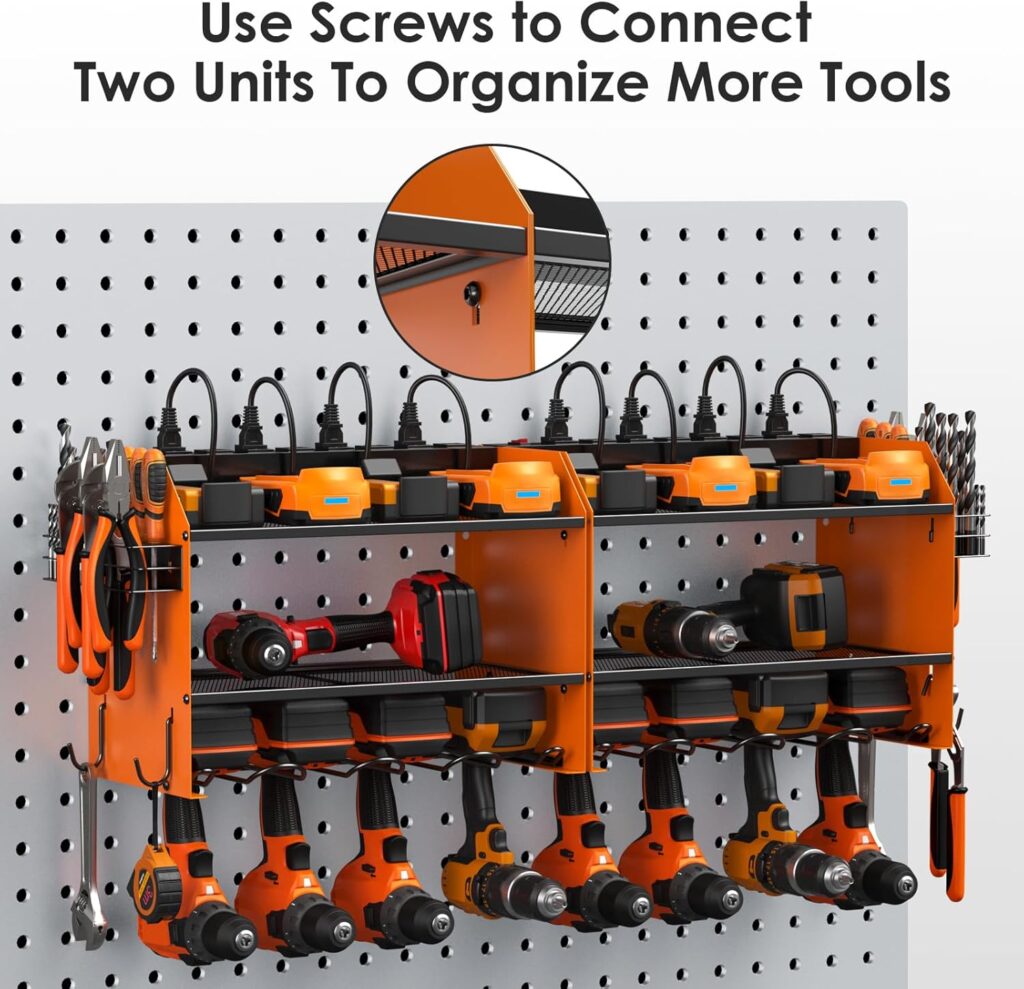 CCCEI Modular Power Tool Organizer Wall Mount with Charging Station. Garage 4 Drill Storage Shelf with Hooks, Screwdriver, Drill Bit Heavy Duty Rack, Tool Battery Holder Built in 8 Outlet Power Strip.