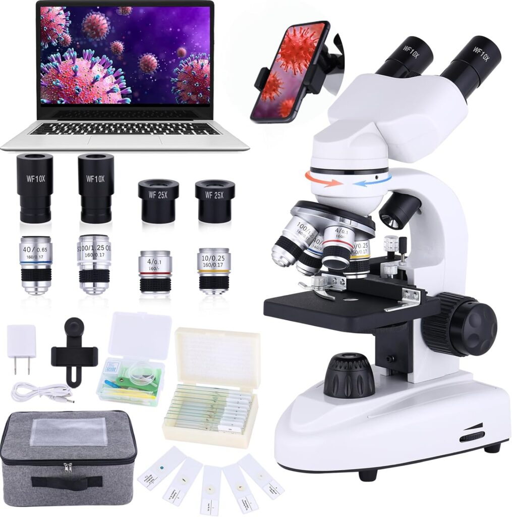 Compound Microscope，40X-2500X Research Class Professional Microscope，WF10x and WF25x eyepieces, Dual LED Lighting and Two-Layer Mechanical Stage，Microscope for Adults…