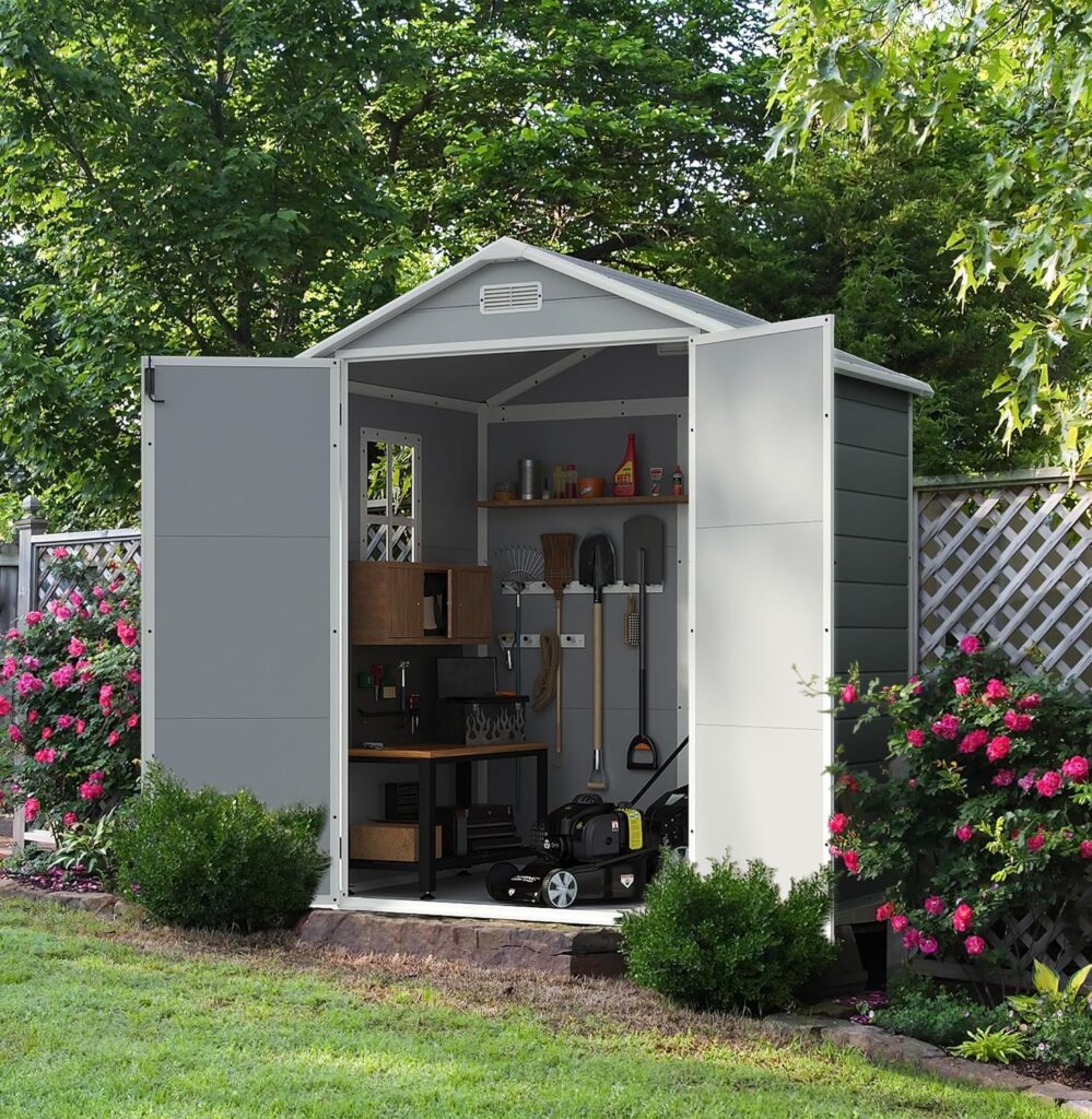 Devoko Outdoor Storage Shed, 6x4 FT Plastic Resin Shed with Floor, Garden Tool Sheds with Lockable Door for Patio Backyard Lawn Pool