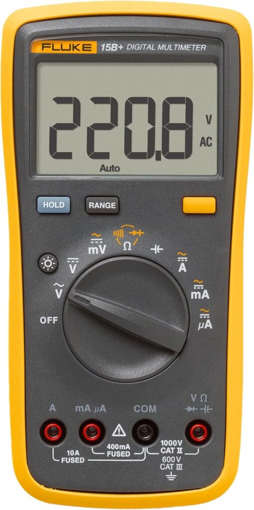 Fluke 15B+ Digital Multimeter, for Electrical Applications, Measures AC/DC Voltage and Current Measurements up to 1000V and 10A, Along with Resistance, Continuity, Diode, and Capacitance Capabilities