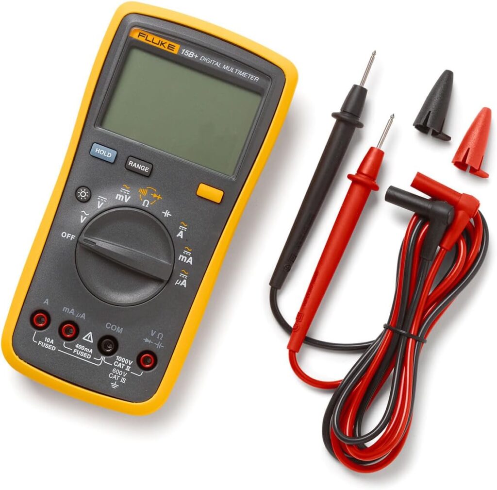 Fluke 15B+ Digital Multimeter, for Electrical Applications, Measures AC/DC Voltage and Current Measurements up to 1000V and 10A, Along with Resistance, Continuity, Diode, and Capacitance Capabilities