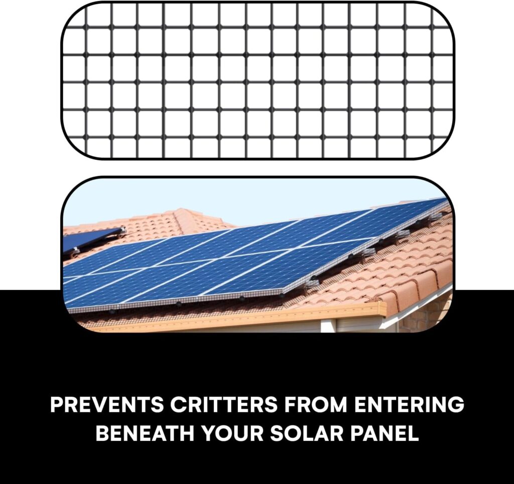 Flybold 6in X 100ft Wire Mesh Bird Critter Guard for Solar Roof Panels - PVC Coated Heavy Duty Black Welded  Galvanized Wire Roll Kit - 80 Fastener Wire Mesh Clips - Keeping Birds Out of Solar Panels