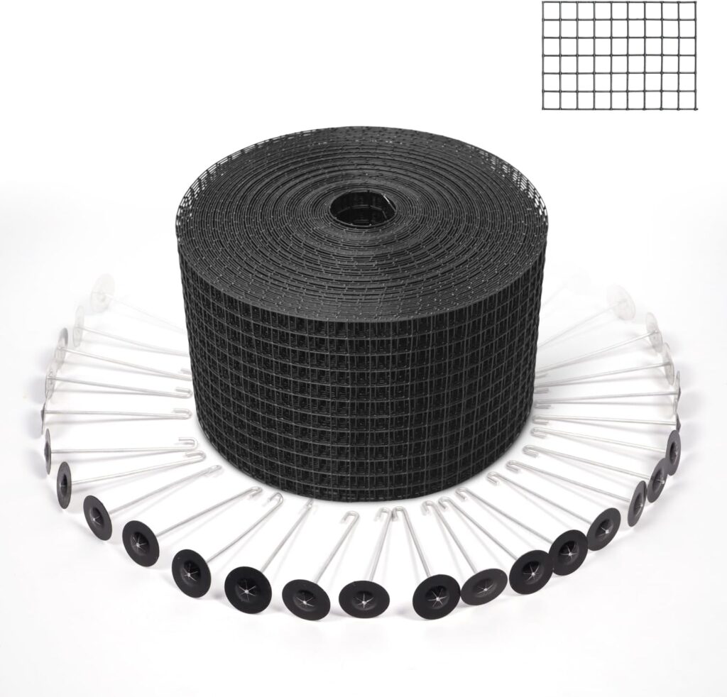 Flybold 6in X 100ft Wire Mesh Bird Critter Guard for Solar Roof Panels - PVC Coated Heavy Duty Black Welded  Galvanized Wire Roll Kit - 80 Fastener Wire Mesh Clips - Keeping Birds Out of Solar Panels