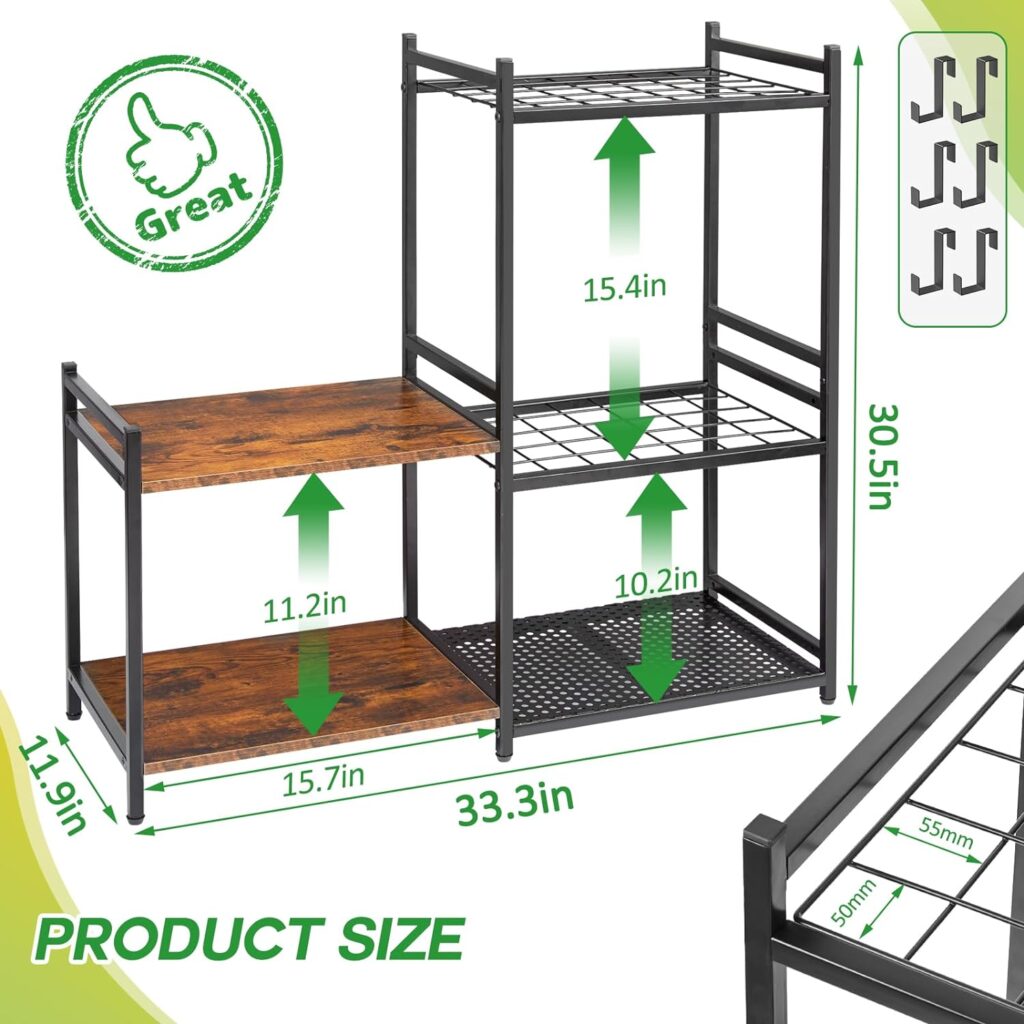 Garage Tool Organizer with 2-tier Wooden Shelves, Yard Tool Organizer for Garage with 6 Hooks, Heavy duty Steel Garden Tool Rack Holds up to 35 Long Handled Yard tools for Storage, Black