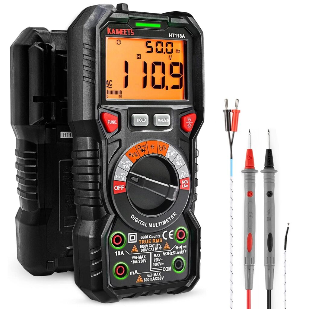 KAIWEETS Digital Multimeter TRMS 6000 Counts Voltmeter Auto-Ranging Fast Accurately Measures Voltage Current Amp Resistance Diodes Continuity Duty-Cycle Capacitance Temperature for Automotive