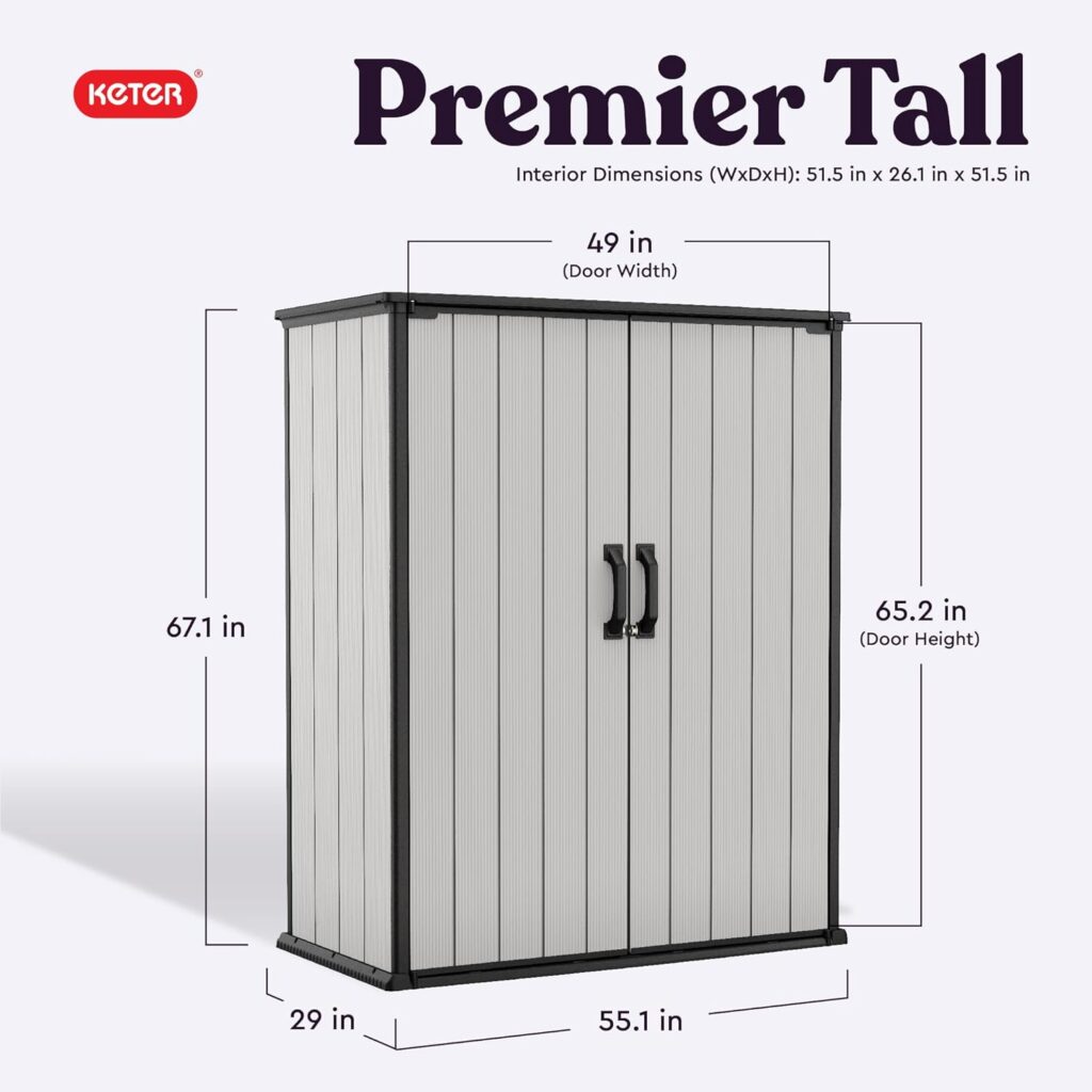 Keter Premier Tall 4.6 x 5.6 ft. Resin Outdoor Storage Shed with Shelving Brackets for Patio Furniture, Pool Accessories, and Bikes, Grey  Black