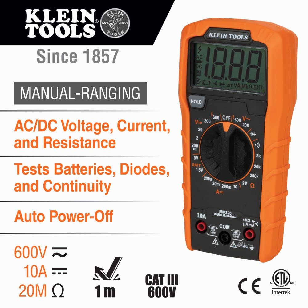 Klein Tools MM320KIT Digital Multimeter Electrical Test Kit, Non-Contact Voltage Tester, Receptacle Tester, Carrying Case and Batteries