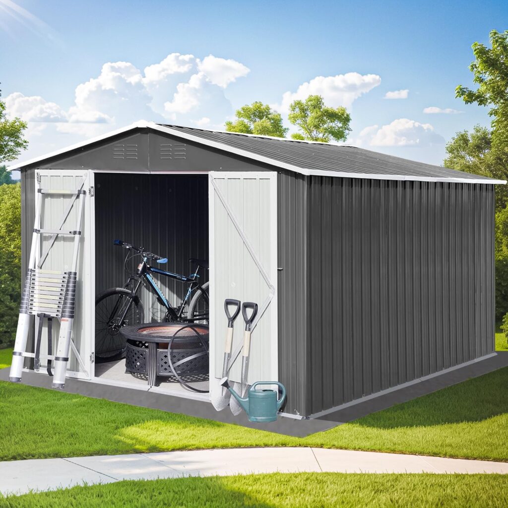 Outdoor Sheds 10FT x 8FT  Outdoor Storage Clearance, Metal Anti-Corrosion Utility Tool House with Lockable Door  Shutter Vents, Waterproof Storage Garden Shed for Backyard Lawn Patio