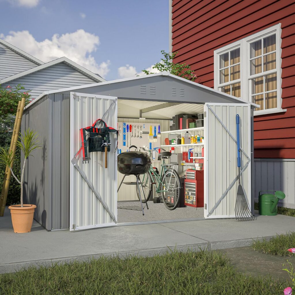 Outdoor Sheds 10FT x 8FT  Outdoor Storage Clearance, Metal Anti-Corrosion Utility Tool House with Lockable Door  Shutter Vents, Waterproof Storage Garden Shed for Backyard Lawn Patio