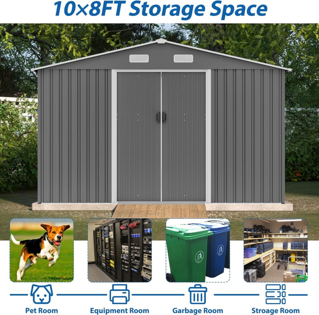 Outdoor Sheds 10FT x 8FT  Outdoor Storage Clearance, Metal Anti-Corrosion Utility Tool House with Lockable Door  Shutter Vents, Waterproof Storage Garden Shed for Backyard Lawn Patio