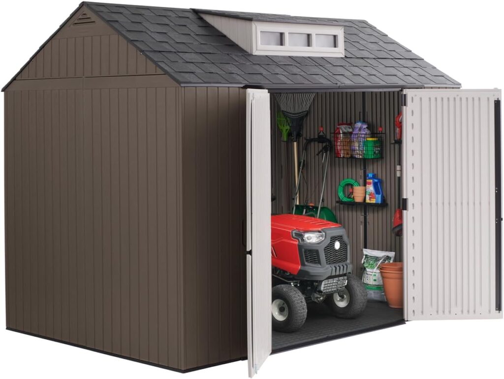 Rubbermaid Resin Outdoor Storage Shed With Floor (7 x 7 Ft), Weather Resistant, Gray, Organization for Home/Backyard/Garden Tools/Lawn Mower/Bike Storage/Pool Supplies