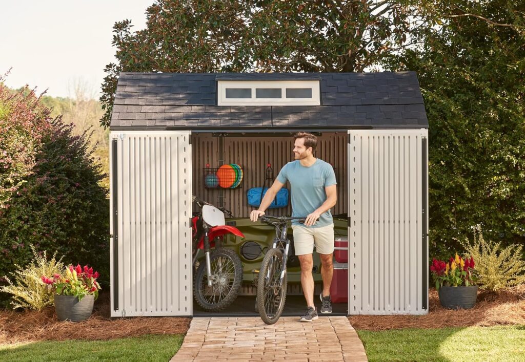 Rubbermaid Resin Outdoor Storage Shed With Floor (7 x 7 Ft), Weather Resistant, Gray, Organization for Home/Backyard/Garden Tools/Lawn Mower/Bike Storage/Pool Supplies