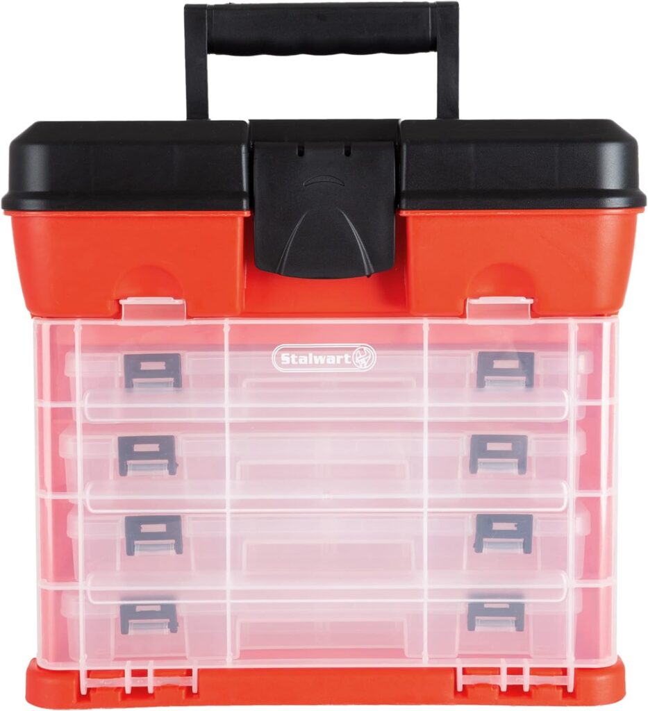 Storage Tool Box - Portable Multipurpose Organizer With Main Top Compartment and 4 Removable Multi-Compartment Trays by Stalwart,Red,11 in x 7 in x 10 in