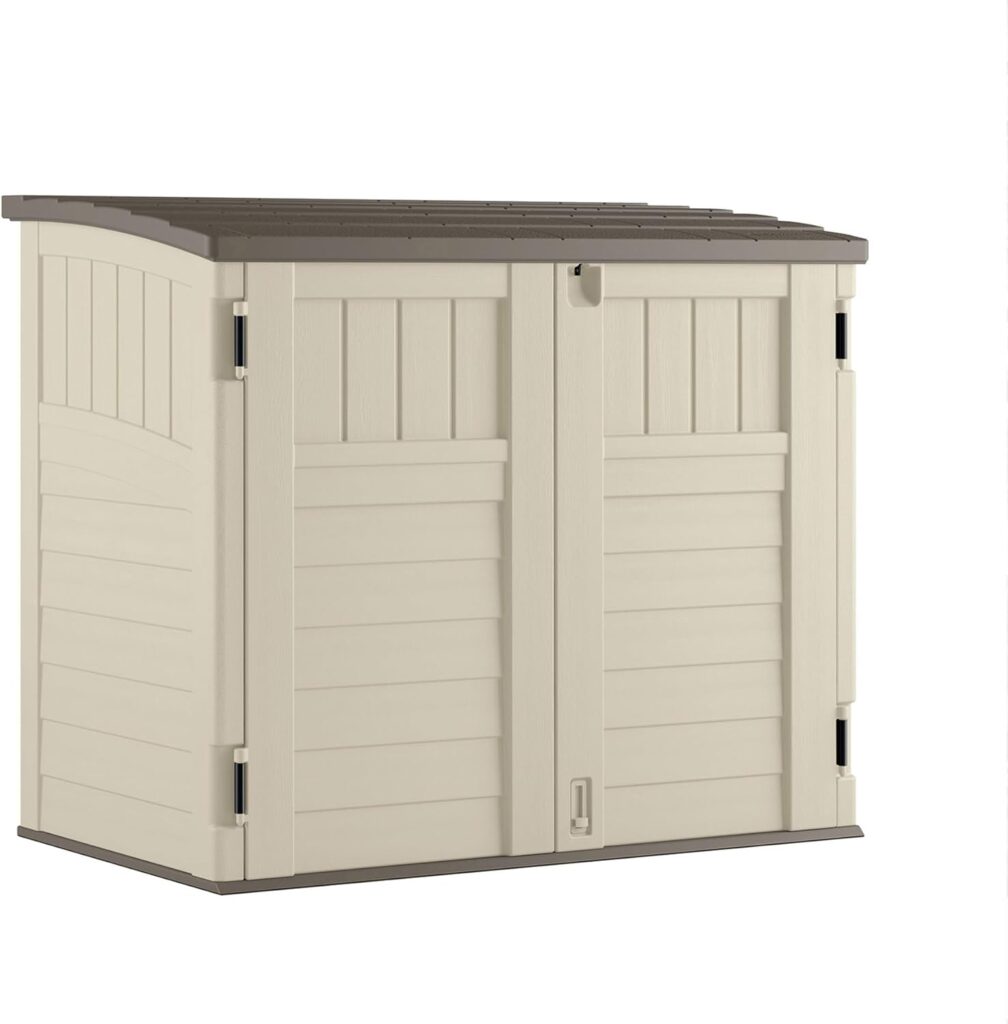 Suncast 34 Cu Ft Capacity Horizontal Outdoor Storage Shed for Garbage Cans, Garden Accessories, Backyard, and Patio Use, Vanilla